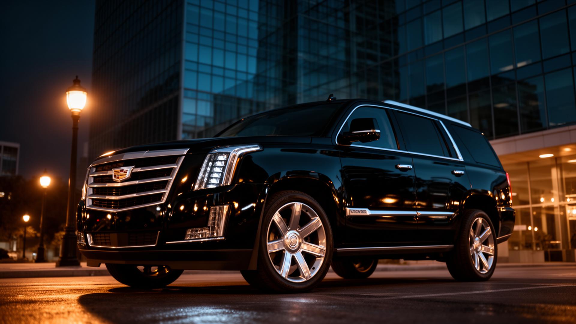 Black Cadillac Escalade luxury SUV at night
